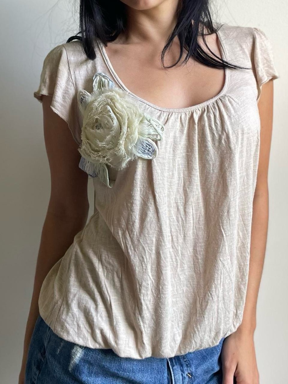 Agenda Y2K Scoop Neck Top with Floral Applique